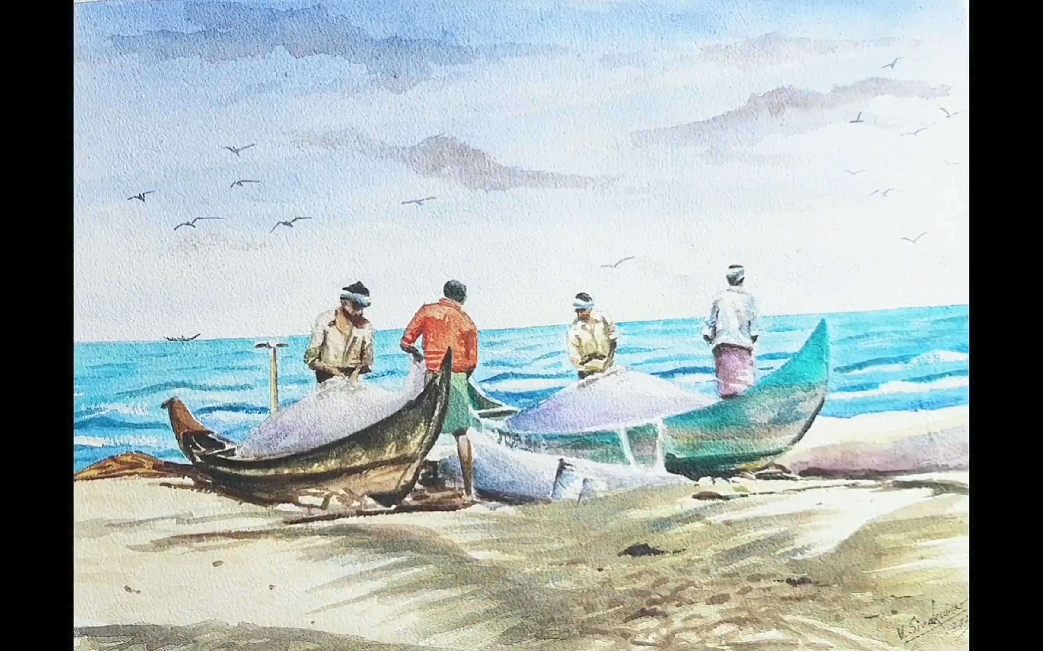 渔民与大海水彩画 海景#水彩