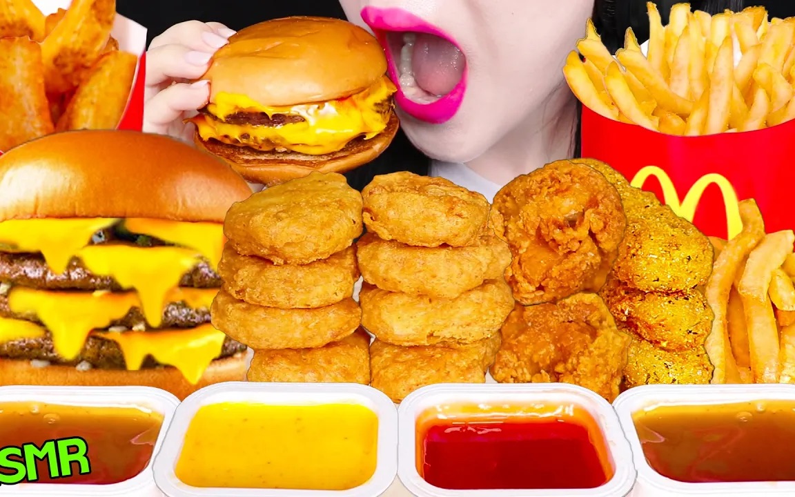 【jane】吃播助眠 麦当劳 三层芝士汉堡&薯条&鸡块&芝士条