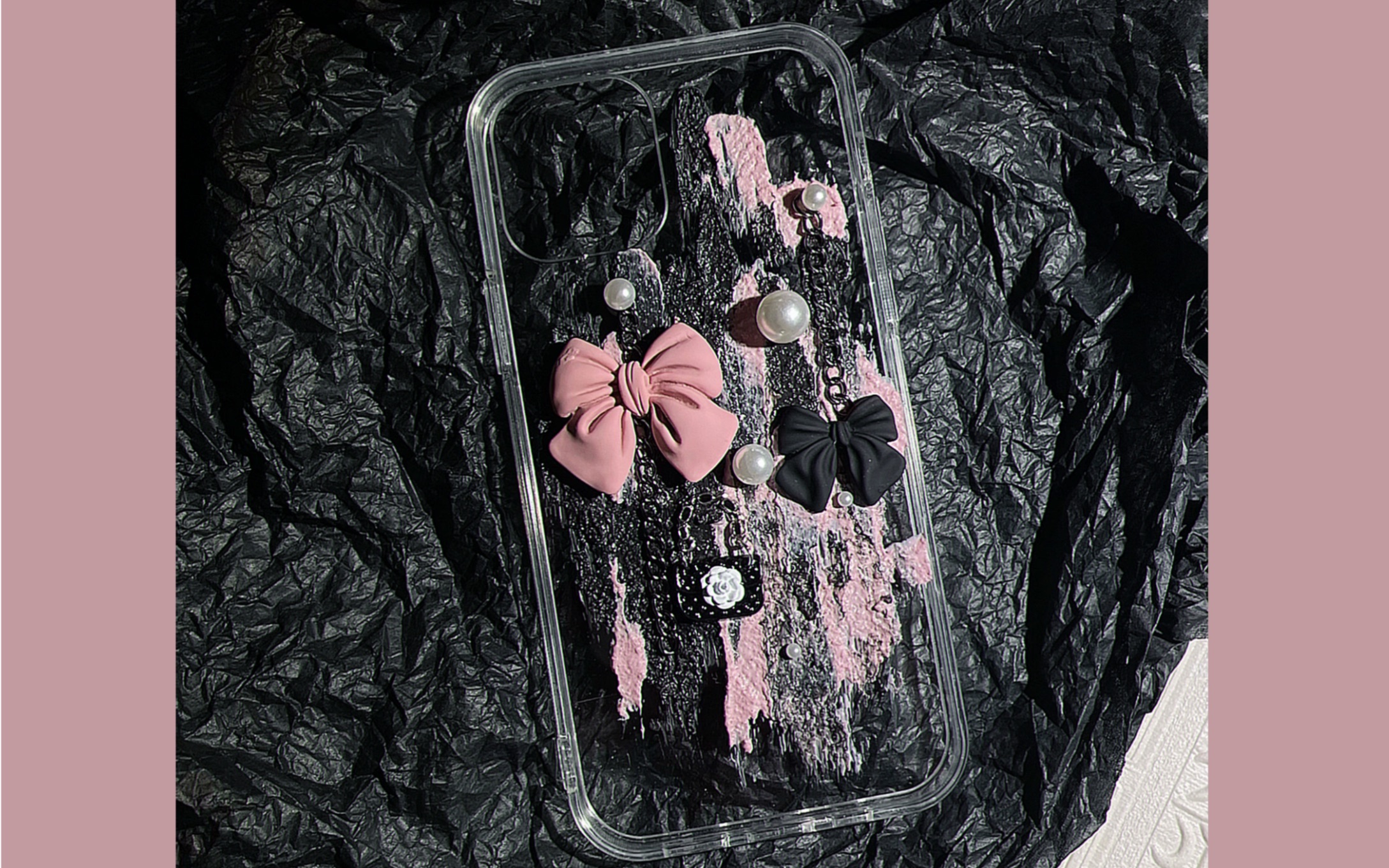 diy|原创奶油胶手机壳|粉黑不规则肌理感涂抹