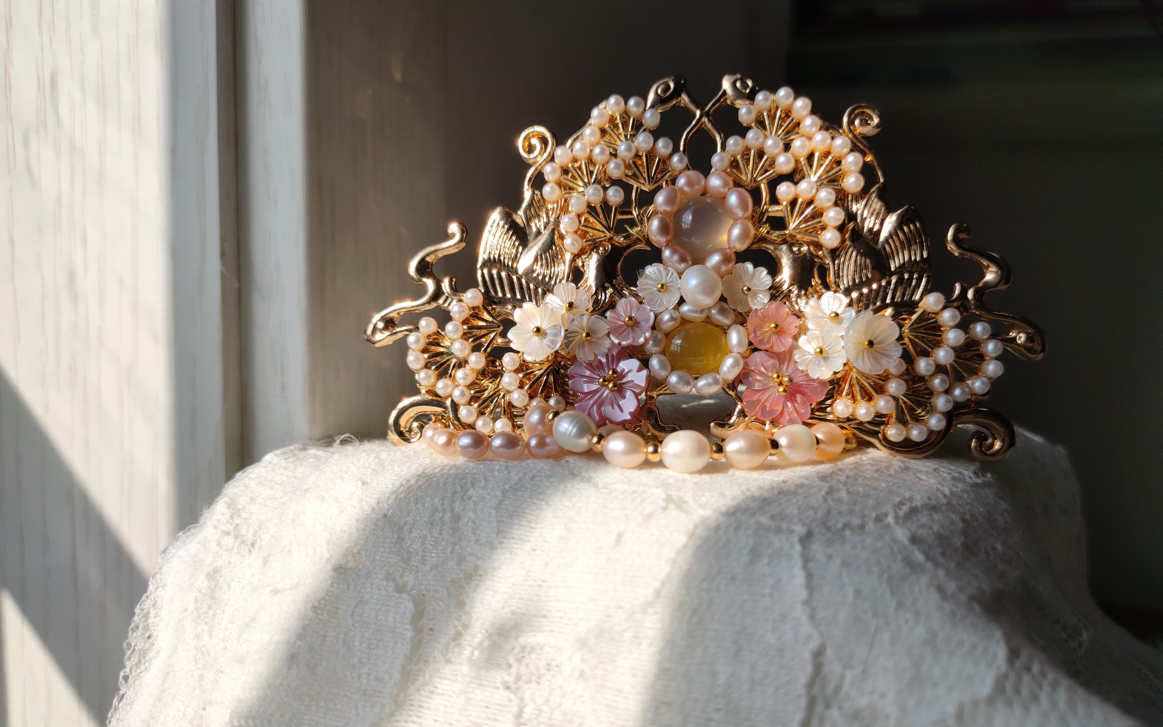 发冠展示枝上霜蝶贝珍珠超华丽发冠双十一特价活动这么好看的发冠只要