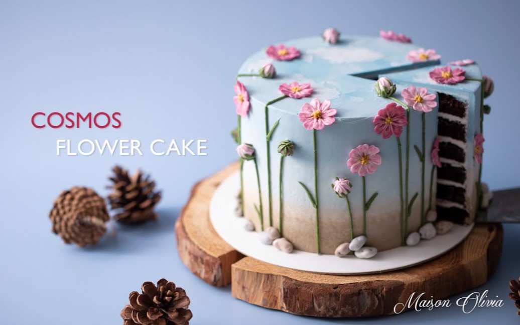 【Beautiful Cake】秋天的粉色波斯菊花朵裱花蛋糕‖Cosmos Cake哔哩哔哩bilibili