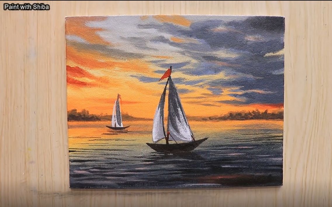 水粉丙烯落日余晖下的小帆船paintwithshiba