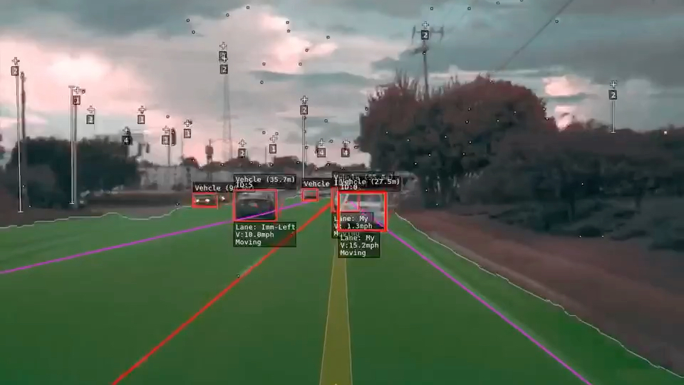 [图]特斯拉自动驾驶识别道路两边的标识Tesla Autopilot recognition of roadside structures