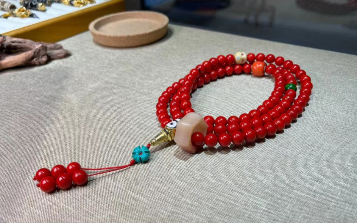 纯天然顶牛血红珊瑚佛串.