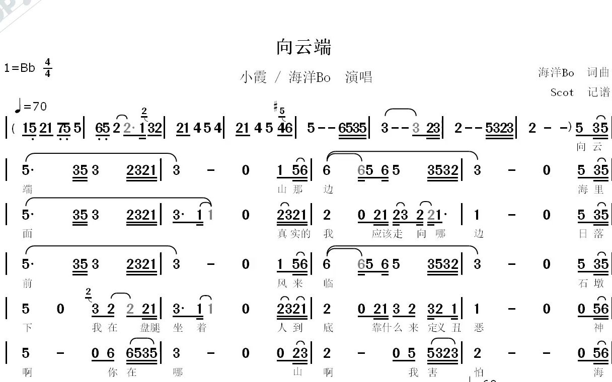 【新歌榜第一名歌曲】向云端--小霞 / 海洋bo演唱--动态简谱 - 影音视