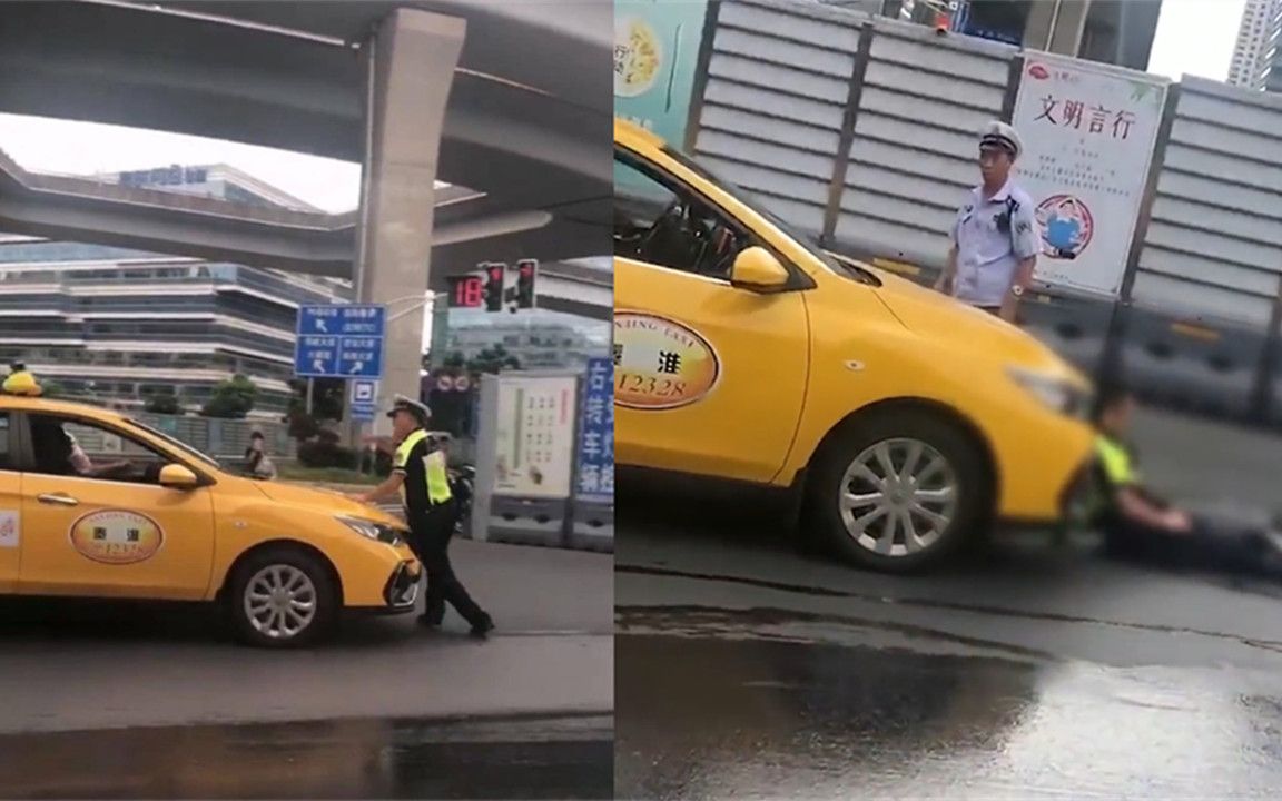 出租车违规载客被拦,下一秒顶着协管人员前行,开了十几米才停下