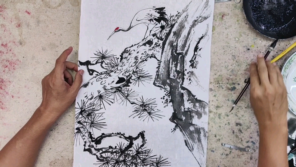 《松鹤延年》丹顶鹤国画墨稿