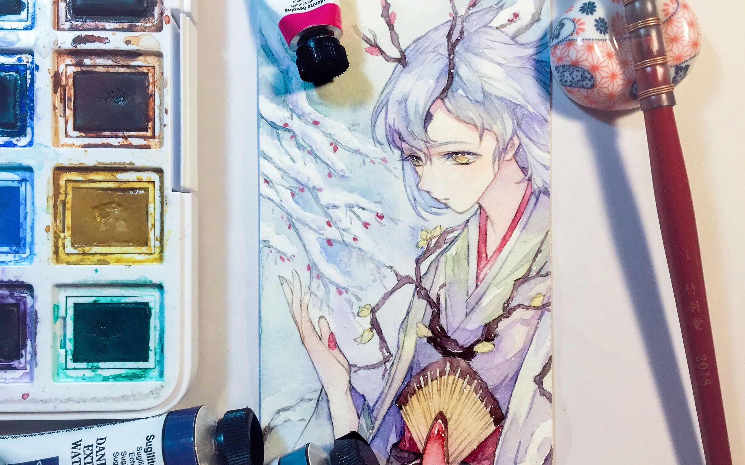 【手绘水彩】用一首歌的时间画张雪童子书签!2p是2倍速头发绘制