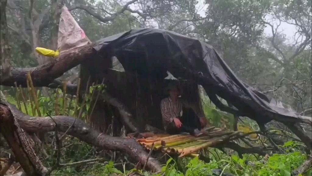 [图]暴雨中搭建简易的庇护所，野外露营享受着晚餐