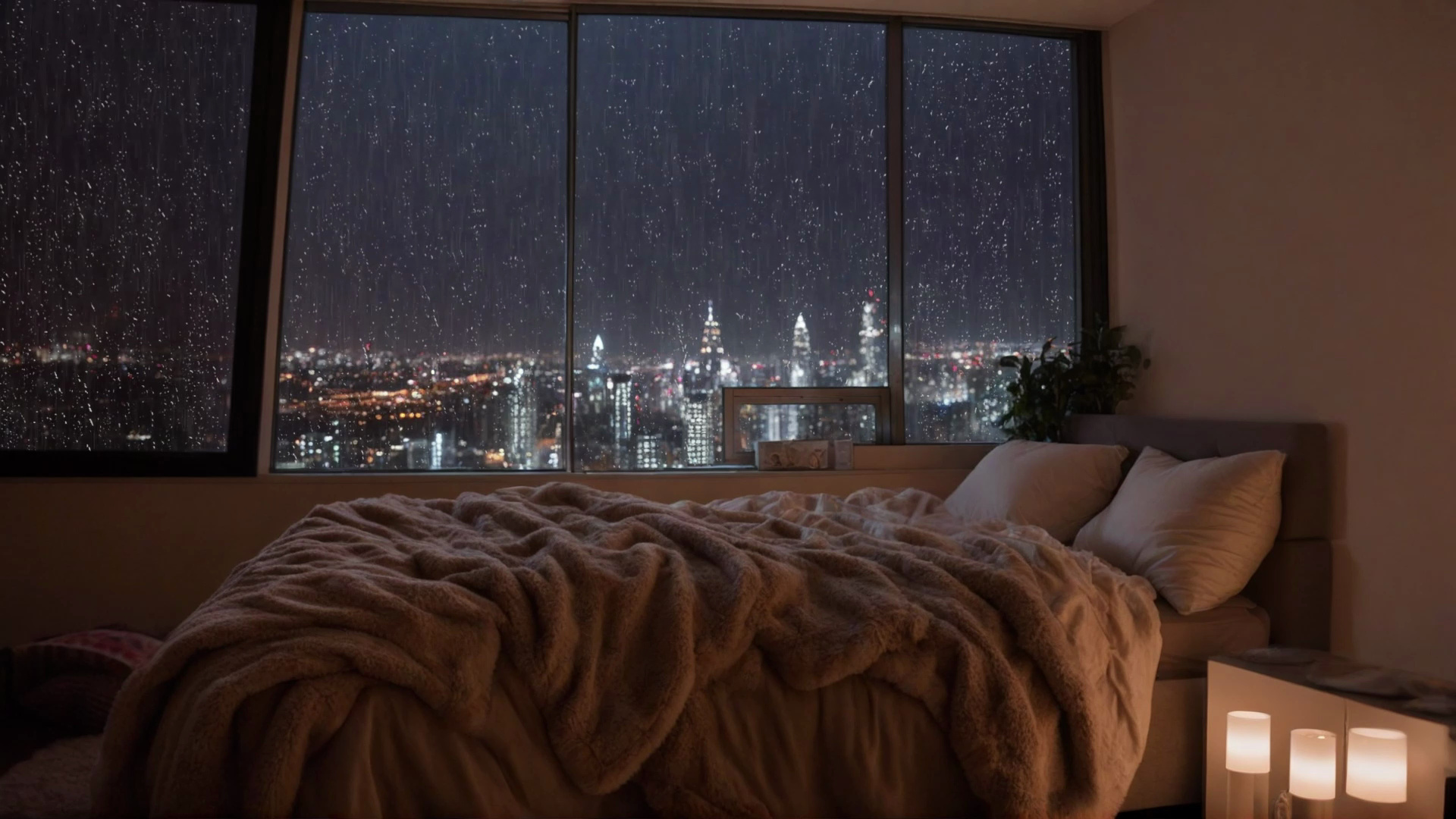 大雨之夜,在舒适的公寓房间入睡,有城市夜景,聆听雨声