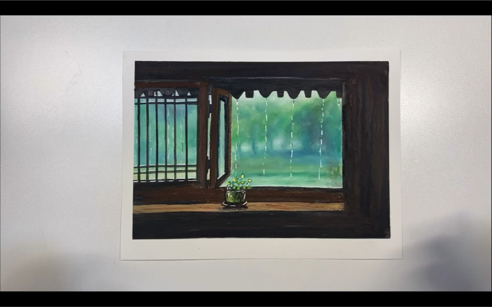 油画棒江南窗外雨绘画过程