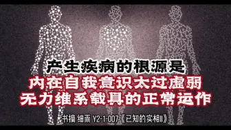 Download Video: 赛斯提出：产生疾病的根源是内在自我意识太过虚弱，无力维系载具的正常运作。导致内在自我意识过度虚弱的原因往往是：能量不能及时补充..Y2-1-007已知的实相II