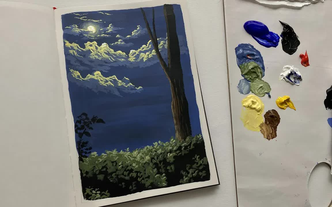 [图]【丙烯画】【绘画教程】写生簿系列-月光下-under the moonlight acrylic on sketchbook