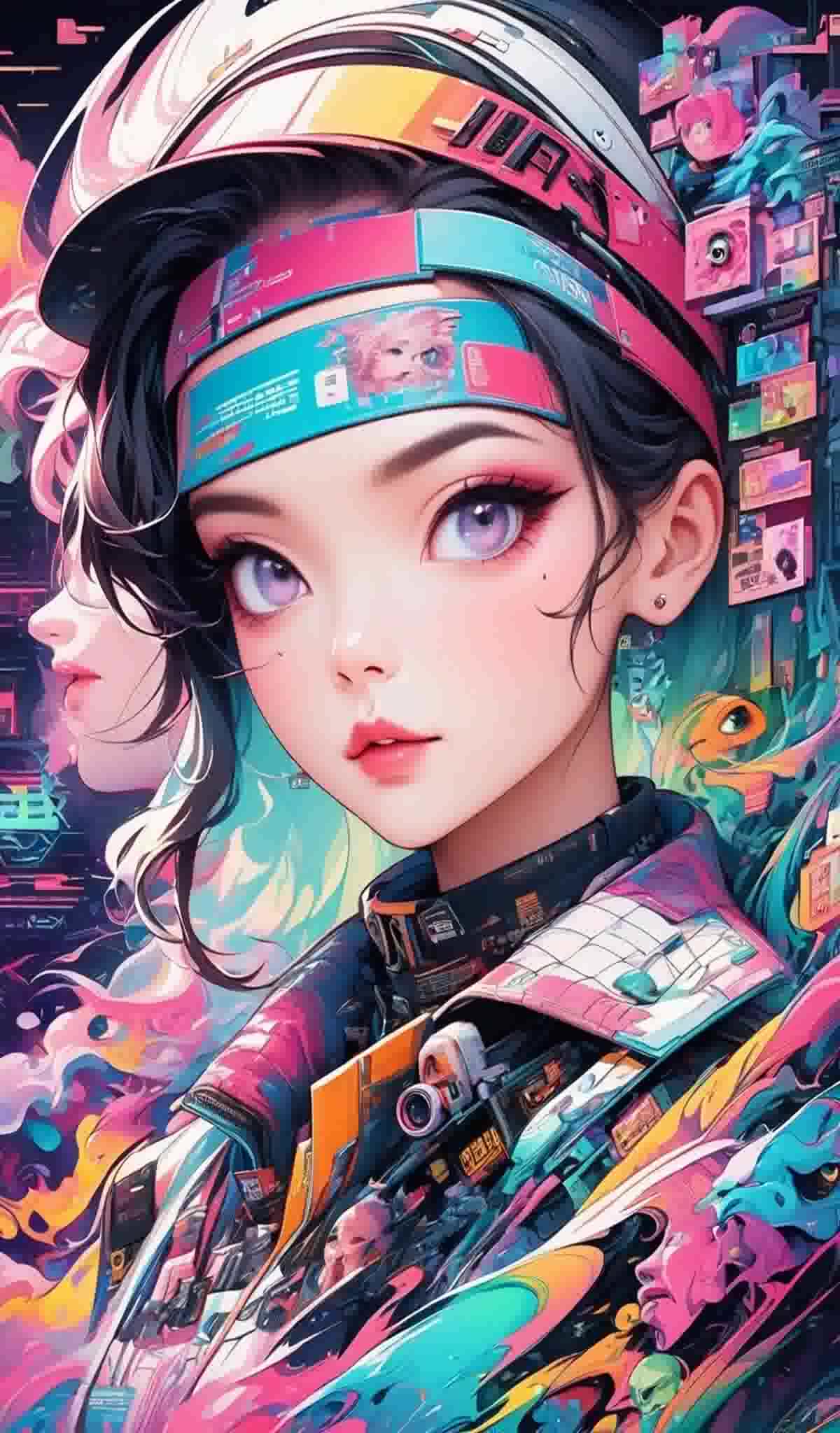 戴着耳机的模特女孩城市背景复杂的细节美观