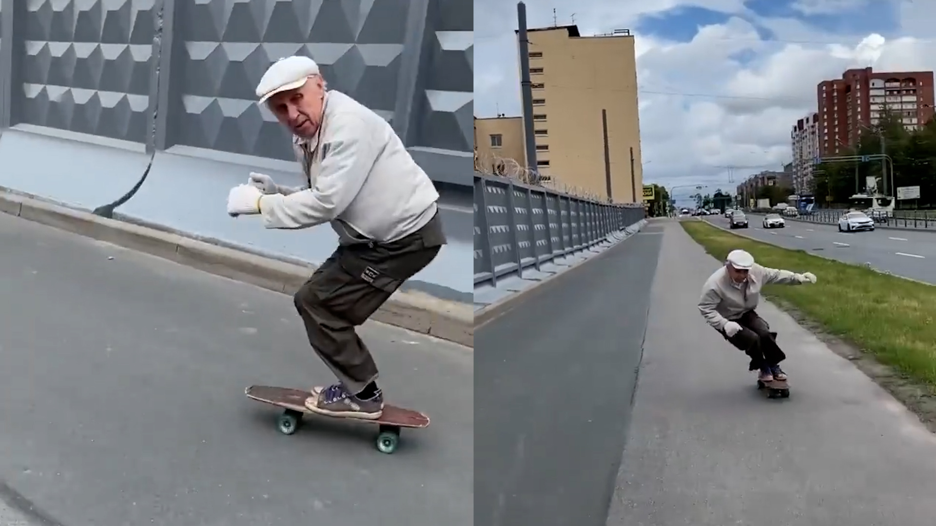 人老心不老!俄罗斯73岁大爷玩滑板,看这背影妥妥的工装潮男