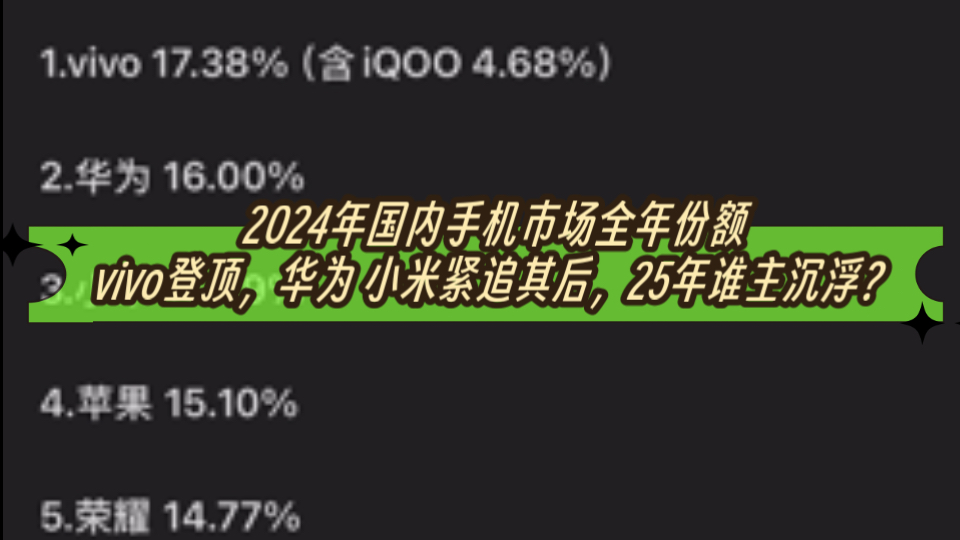 2024年国内手机市场全年份额新鲜出炉!vivo登顶,华为 小米紧追其后,25年谁主沉浮?哔哩哔哩bilibili