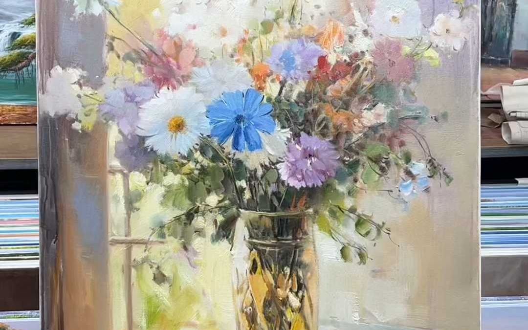 窗户花瓶花卉油画艺术手绘绘画