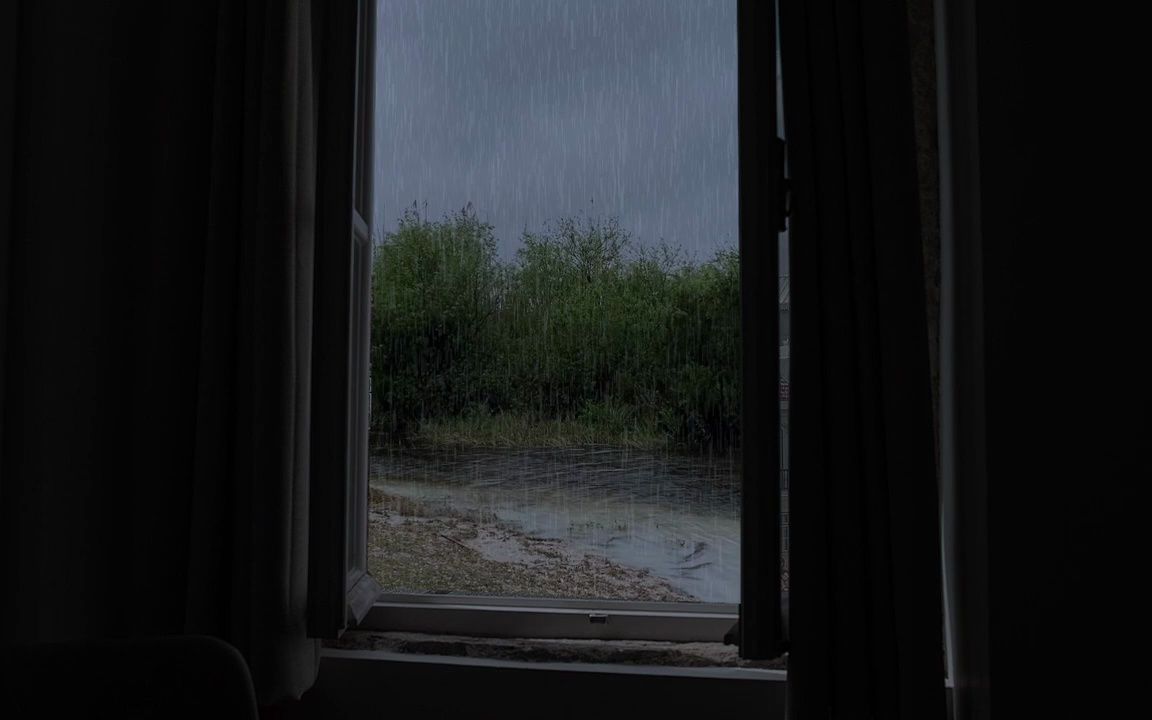 [图]暴雨天坐在屋内看着门外倾盆大雨发呆丨学习音丨白噪音丨助眠音丨下雨声丨雷雨声