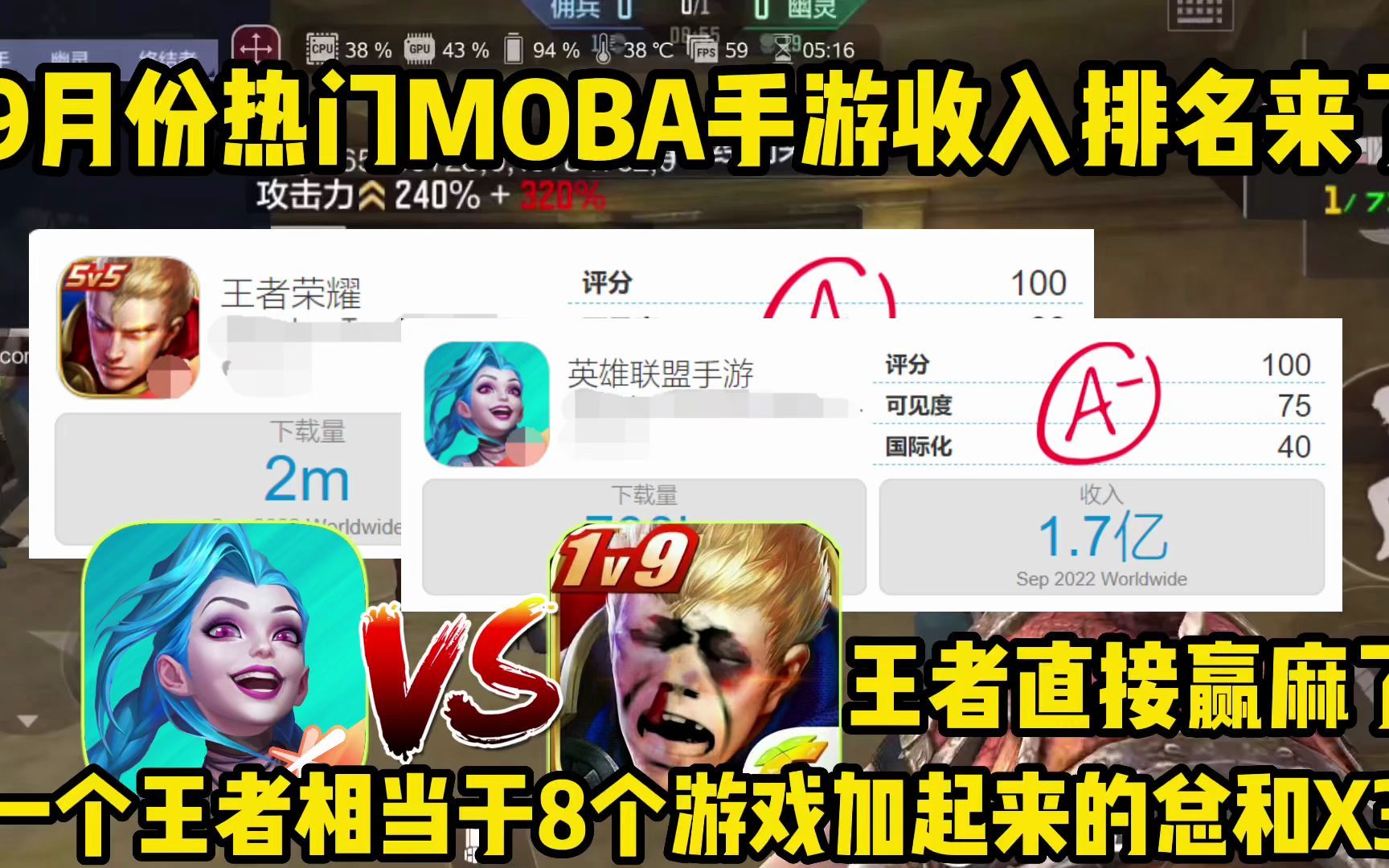 9月份热门MOBA手游收入排名来了!王者也太猛了,以一敌十啊!手机游戏热门视频