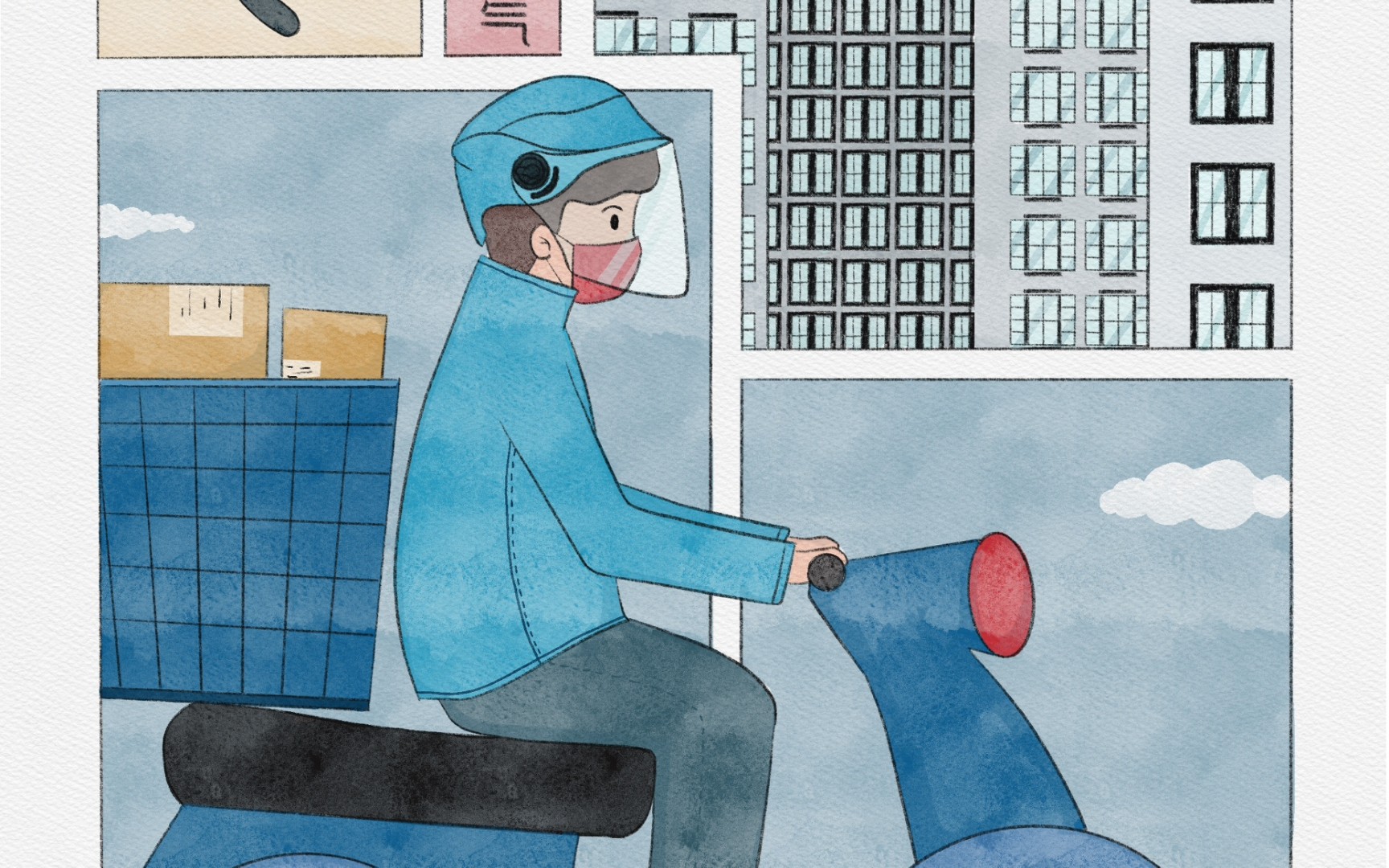 二十四节气-职业 分镜插画手绘过程图 小寒-快递员