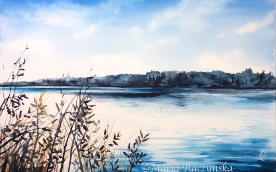 水彩水彩河流绘画示范