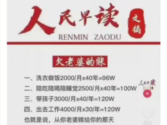 人民早读发布“欠老婆的账”:四项共计436万 人民日报这意思 男人不结婚 不就有436万了?哔哩哔哩bilibili