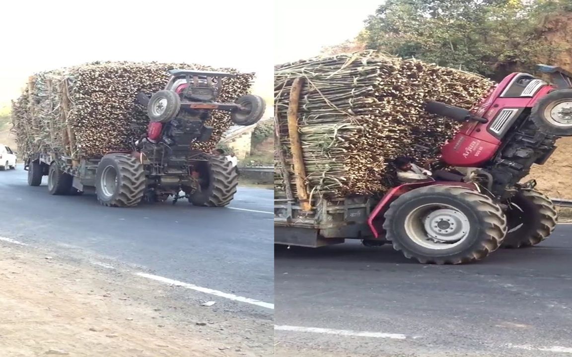国外一辆拖拉机严重超载,导致车头都翘起来了,司机依旧很淡定!