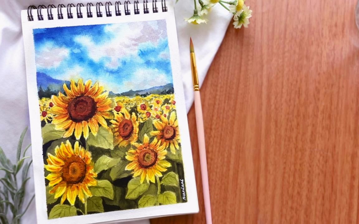 【水彩】水彩画向日葵田