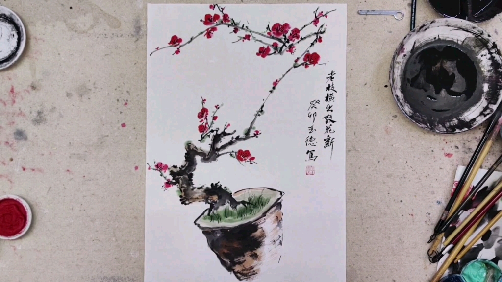 《老枝横出散花新》盆栽梅花国画学习王雪涛老师画法哔哩哔哩bilibili