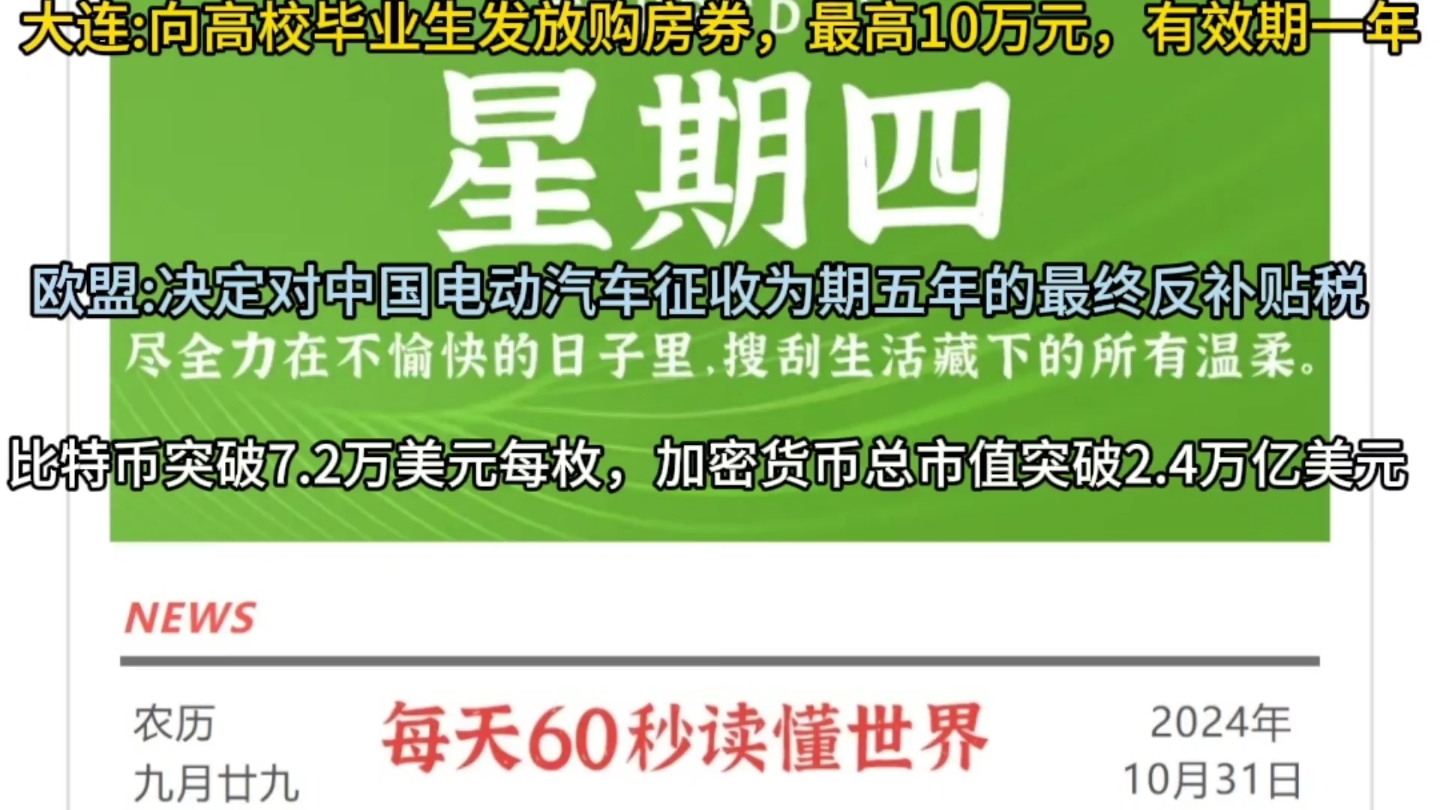 每天60秒读懂世界ⷱ0月31日【大连向毕业生发放购房券,最高10万元;欧盟:对中国电动汽车征收为期五年的反补贴税;比特币突破7.2万美元每枚】哔...