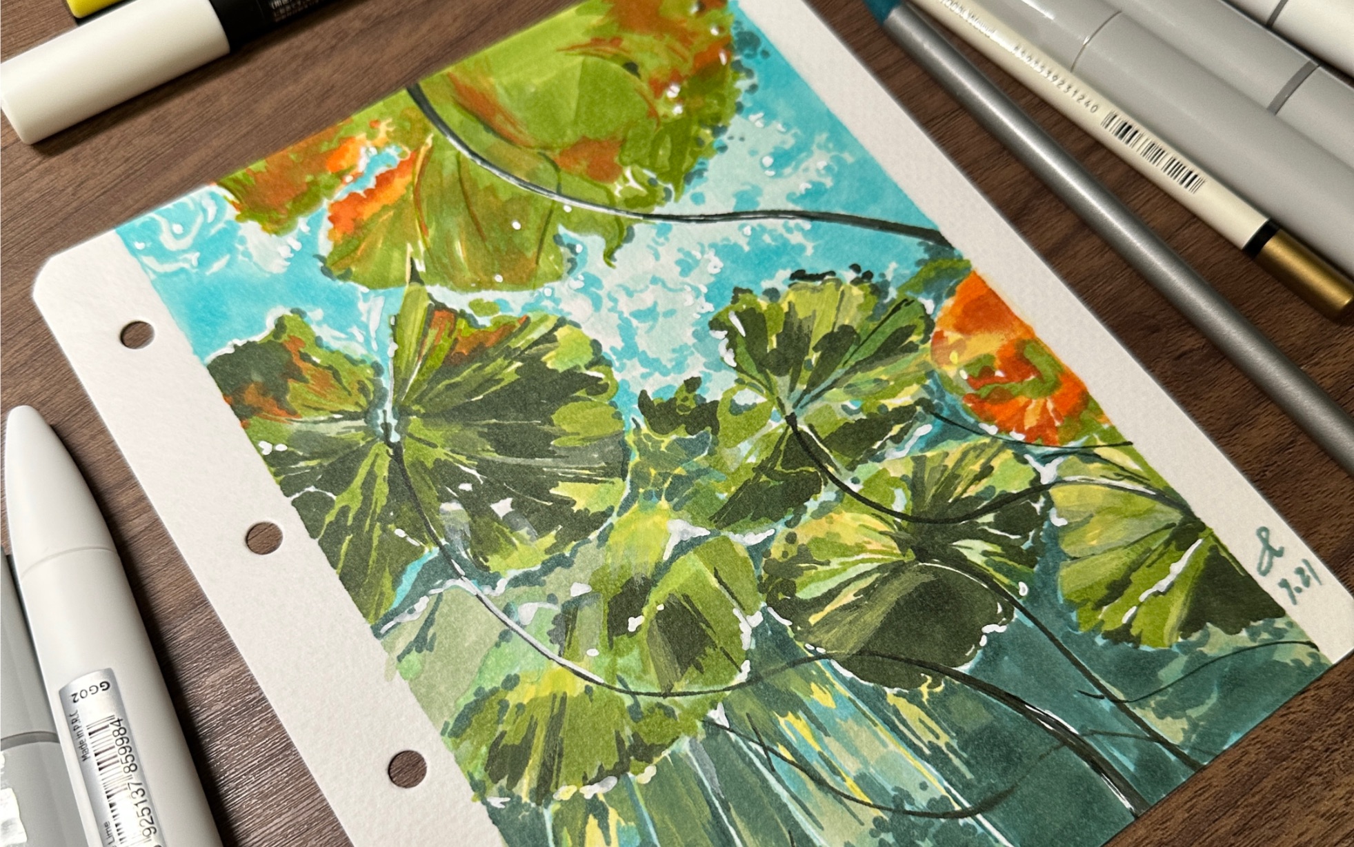 马克笔 | 荷叶下乘凉 绘制详细教程