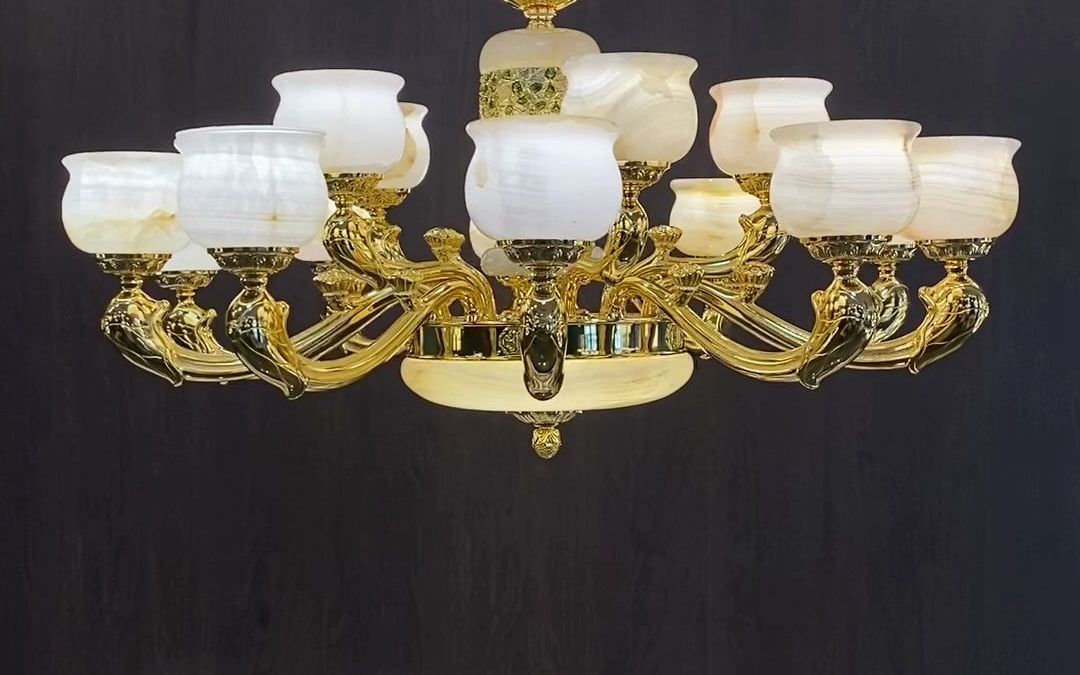 欧式客厅全铜玉石吊灯奢华别墅豪宅灯具复式楼高档住宅天然云石灯