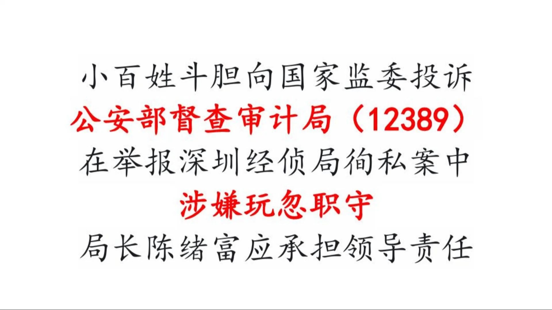 小百姓斗胆向国家监委投诉:公安部督查审计局(12389)在举报深圳经侦局徇私案中涉嫌玩忽职守,局长陈绪富应承担领导责任.哔哩哔哩bilibili