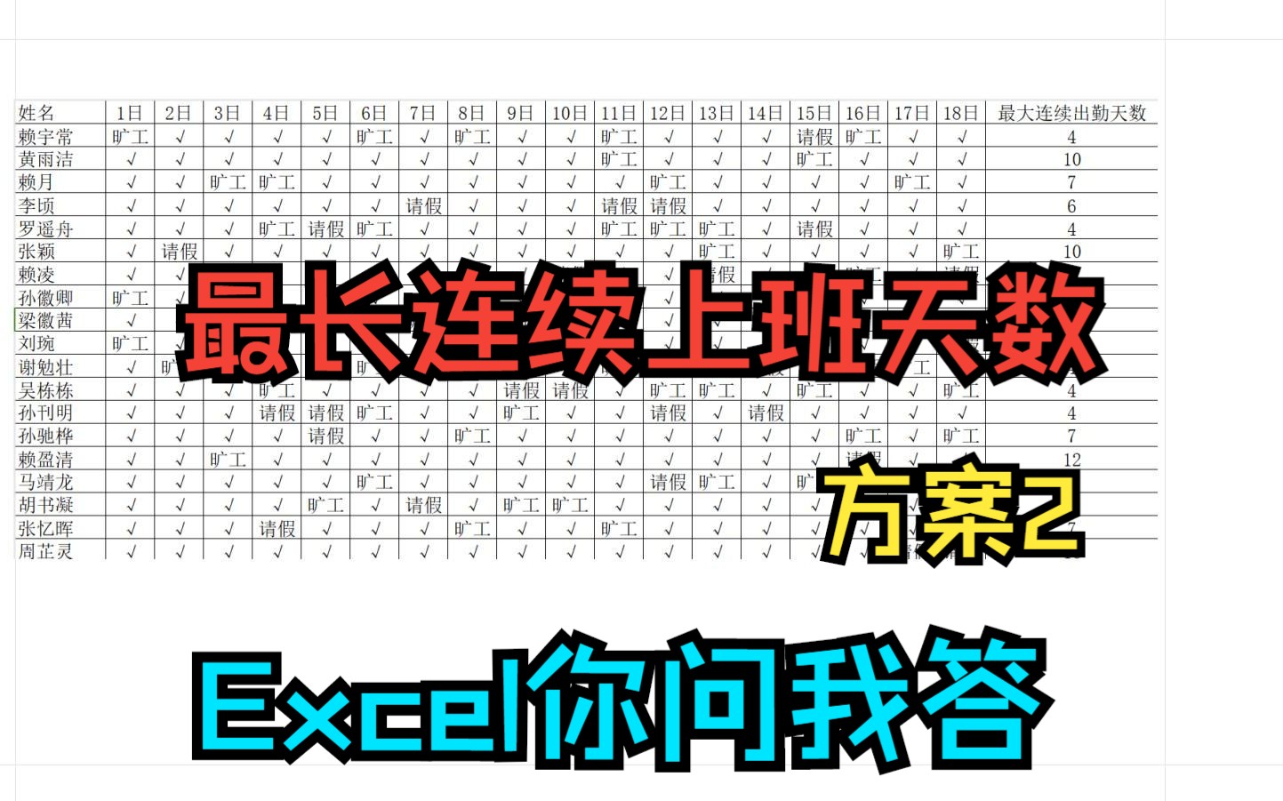 [图]《Excel你问我答》考勤表找最长连续上班天数,连续旷工天数,数字计频,第二方案