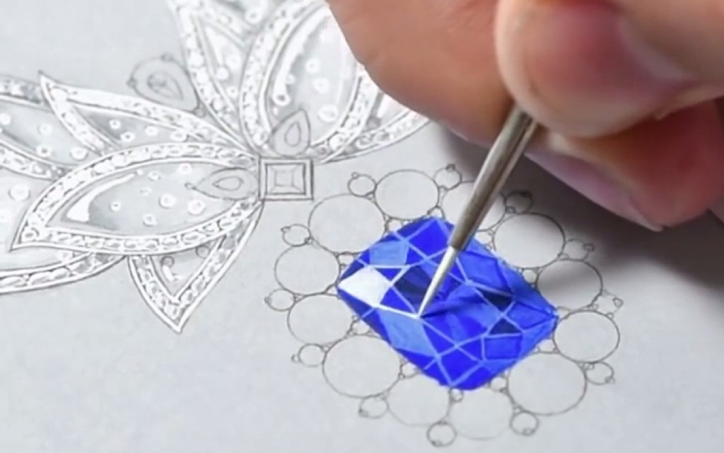 蓝宝石项链水彩手绘画过程珠宝设计视频教程