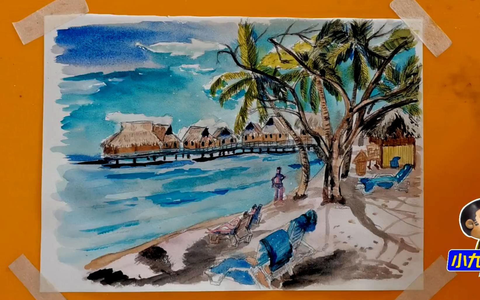 【水彩画】海岛上的木屋_哔哩哔哩 (゜-゜)つロ 干杯~-bilibili