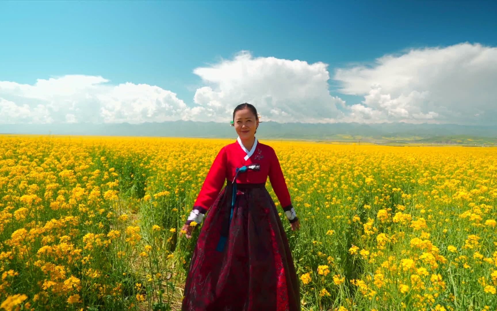 【全家游】青海门源油菜花田里的朝鲜族阿里郎,田姐姐第一次在此背景