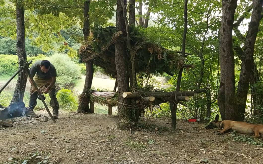 野外生存森林中搭建临时庇护所生火煮食物露营技能