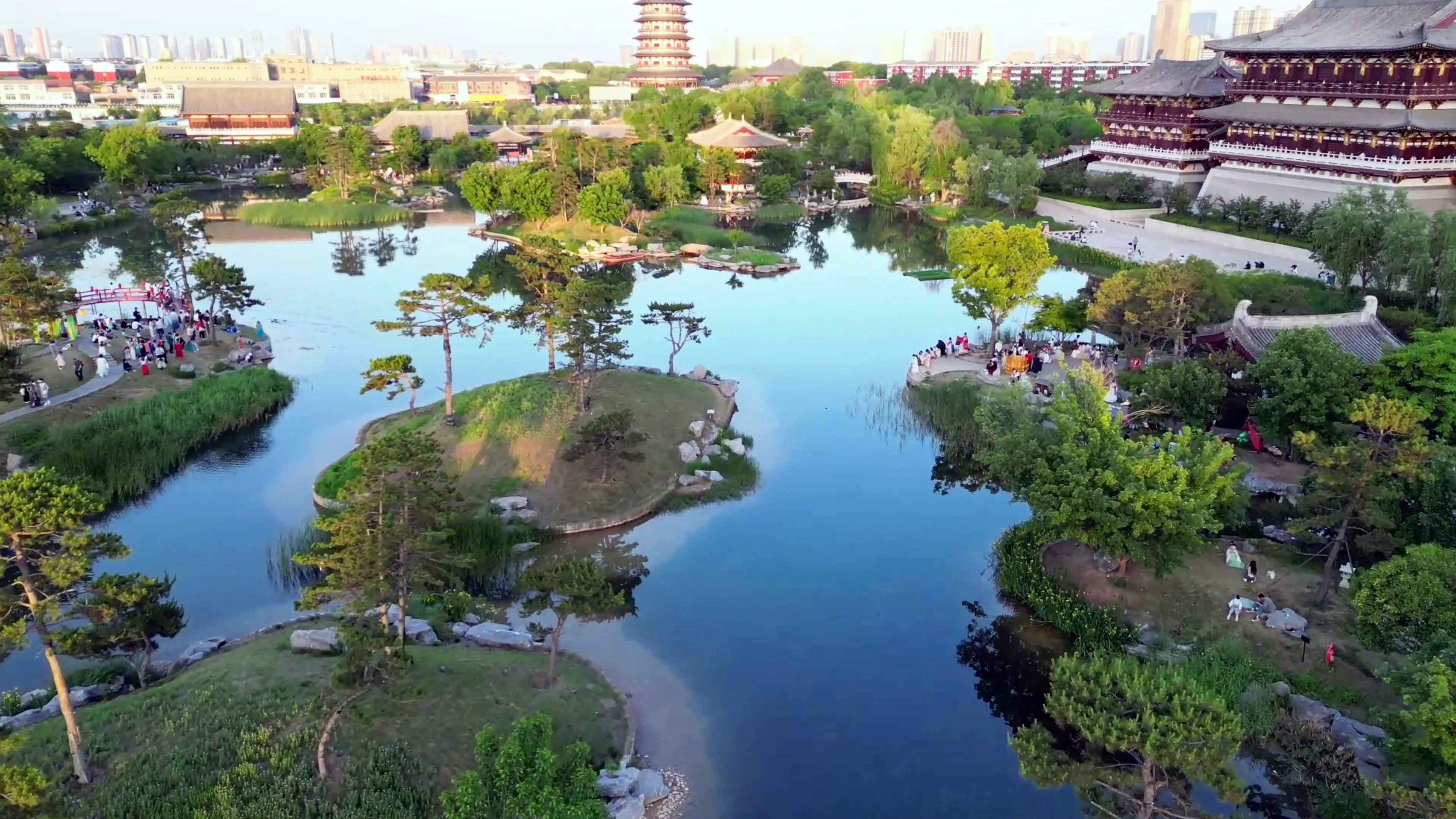 航拍复建的隋唐洛阳城九洲池,昔日隋唐皇室的御花园,人间仙境