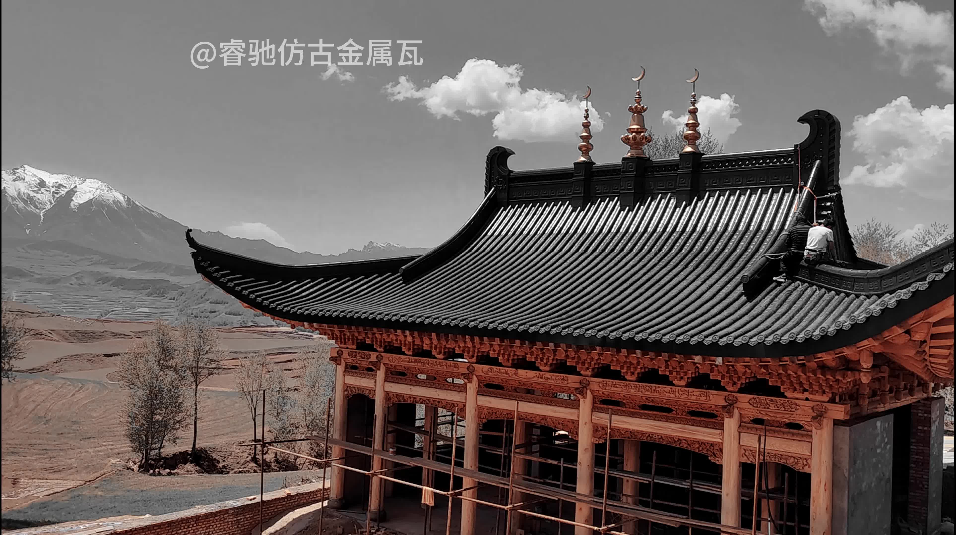 大片演绎效果,古建筑安装仿古金属瓦-铝瓦效果