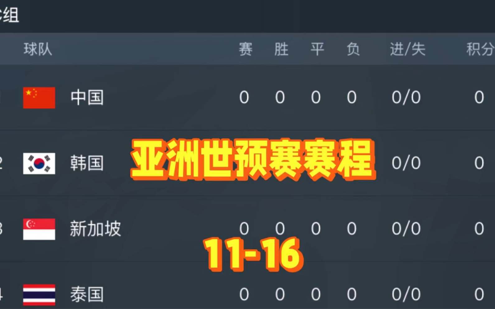 亚洲世预赛赛程表!11月16日中国男足世预赛赛程与对阵时间一览!