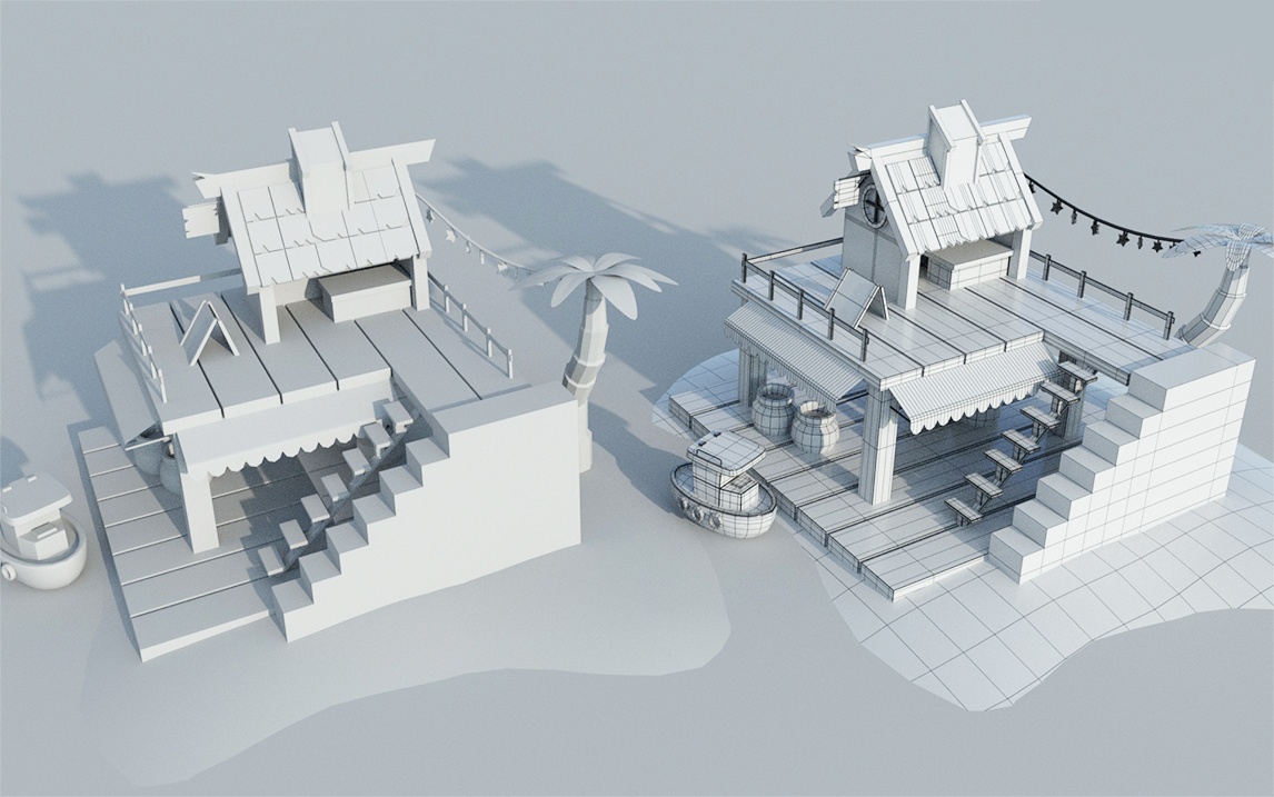 【maya场景建模】卡通风格"海景房"建筑模型详细布线,maya零基础建模