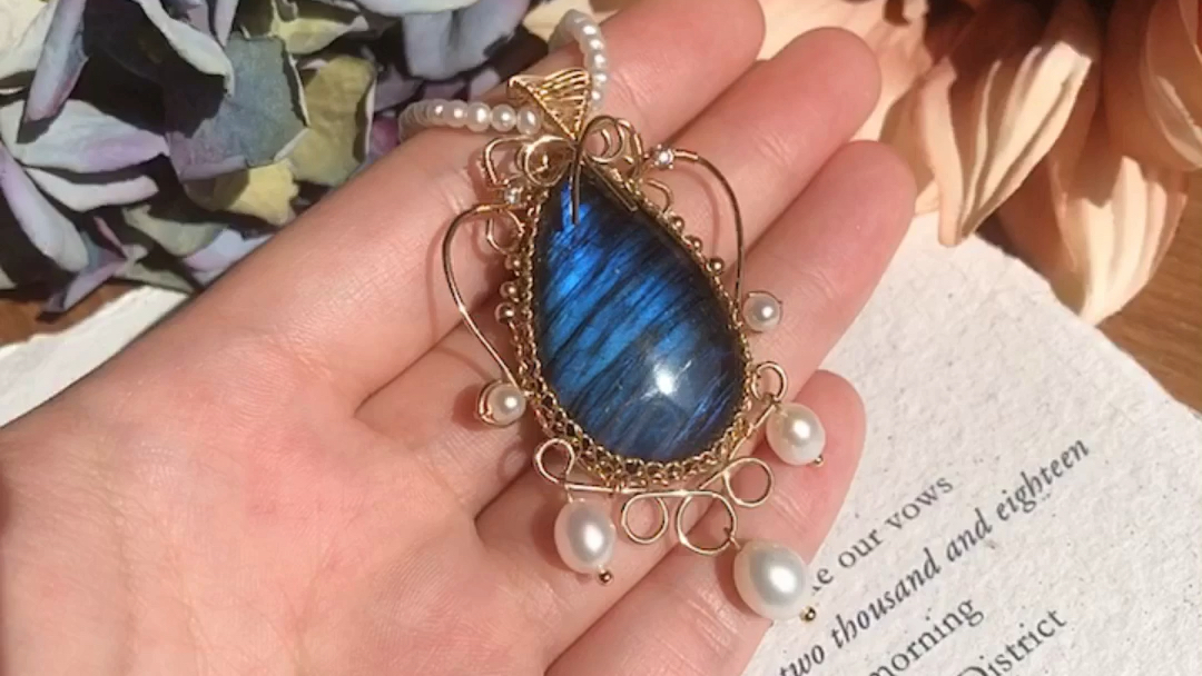 手工绕线拉长石吊坠项链毛衣链蓝光vintage古董珠宝风格复古宫廷