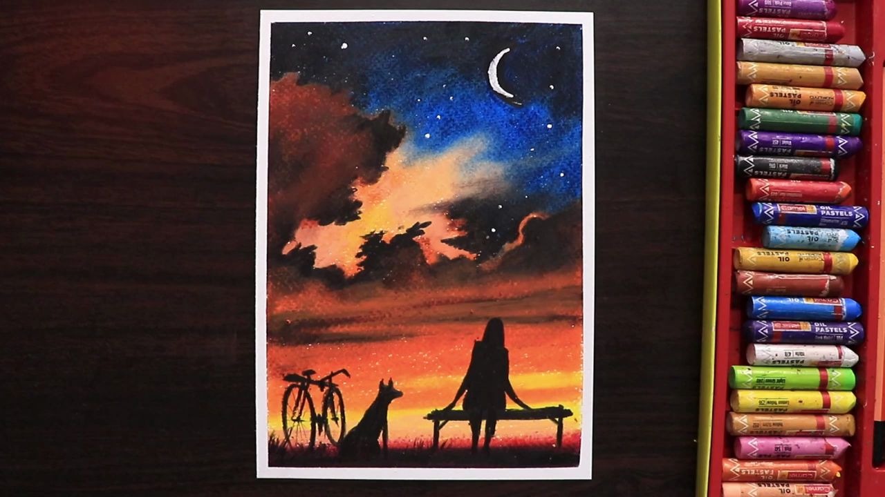初学者的油画棒画一个女孩一步一步的日落和月光下的风景画