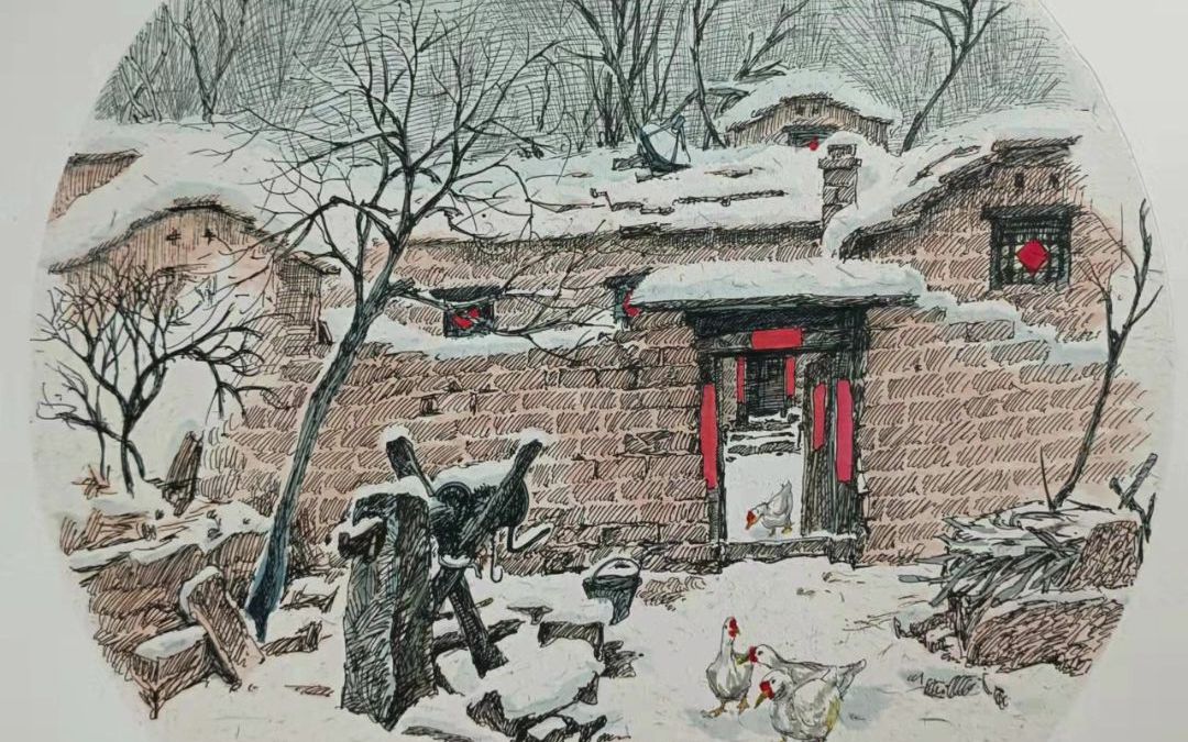青笔淡彩乡情暖 | 韩秀强钢笔画
