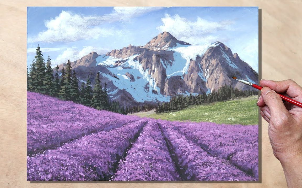 [图]【丙烯画】【绘画教程】【中字】薰衣草田-Acrylic Painting Lavender Field Landscape