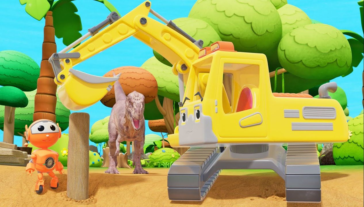 霸王龙踩踏桥梁,挖掘机过来建新桥 早教 益智 育儿 儿童动画