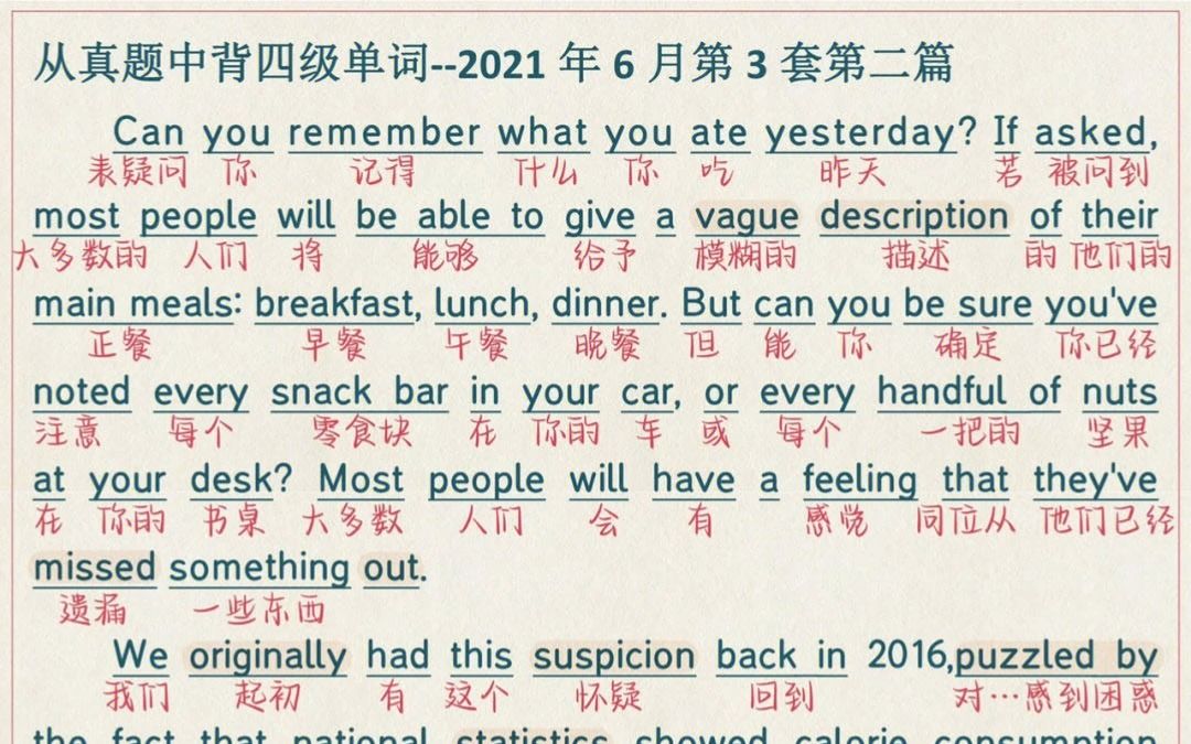 在语境中学单词//英语四级2021.6第3套第二篇你能记得你昨天吃了什么吗?哔哩哔哩bilibili