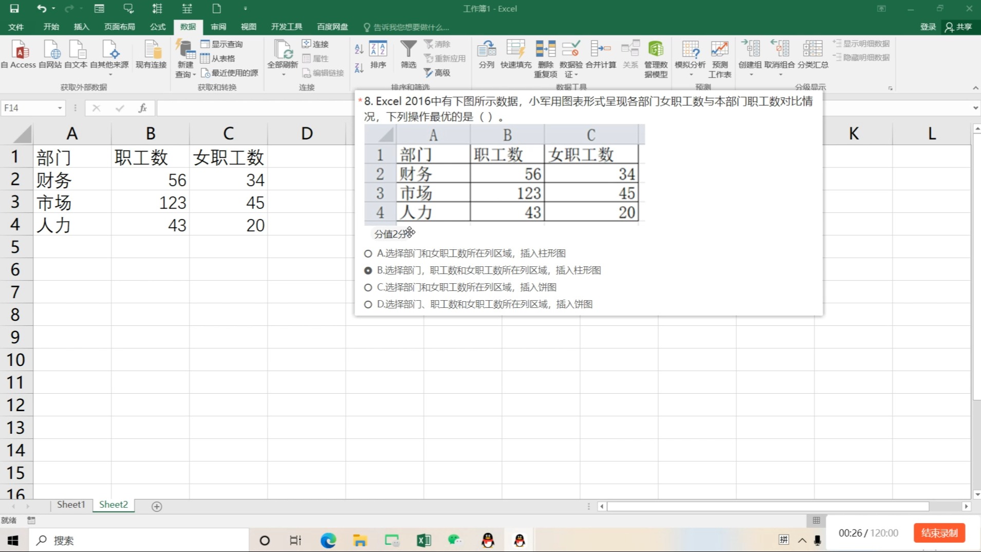 8.Excel 2016中有下图所示数据,小军用图表形式呈现各部门女职工数与本部门职工数对比情况,下列操作最优的是().哔哩哔哩bilibili