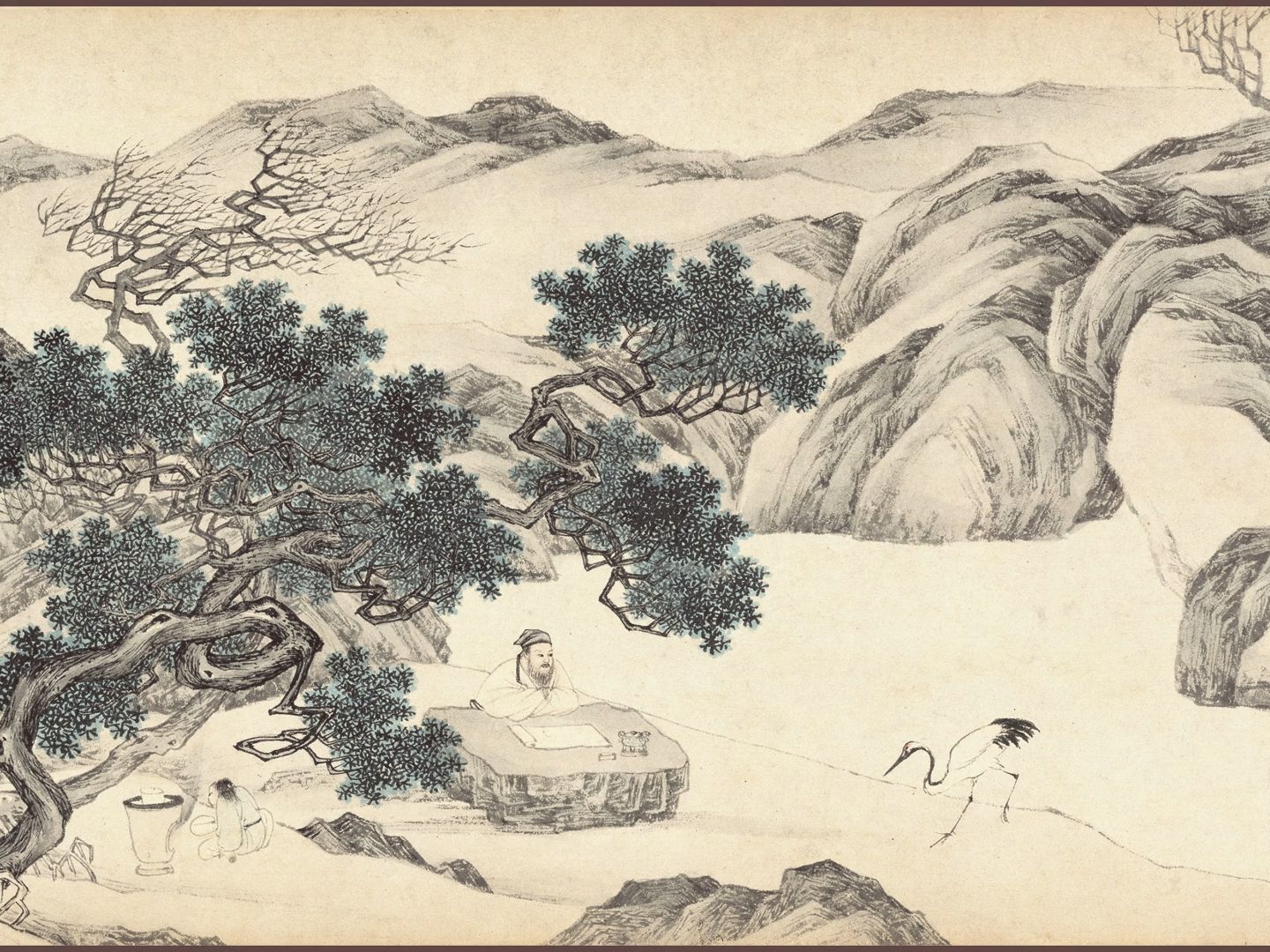 明 唐寅 饮鹤图